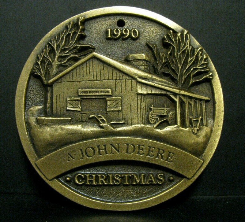 John Deere 1990 Antique Brass Christmas Ornament Steel Plow Cabin Shed Wagon jd