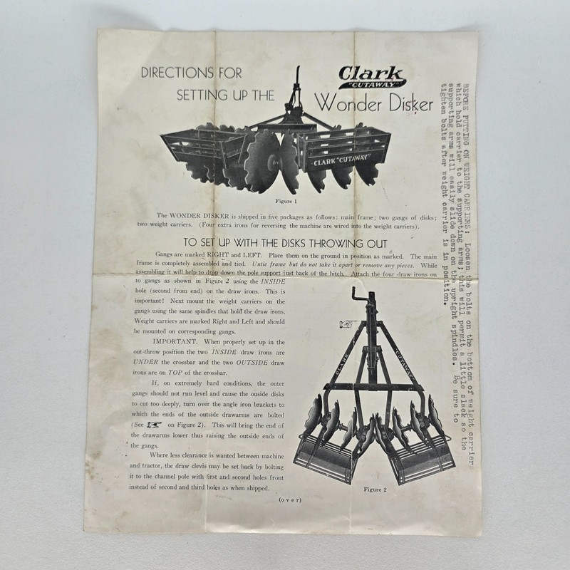 1930s Clark Cutaway Harrow Wonder Disker Instruction Sheet Farm Implement Disk